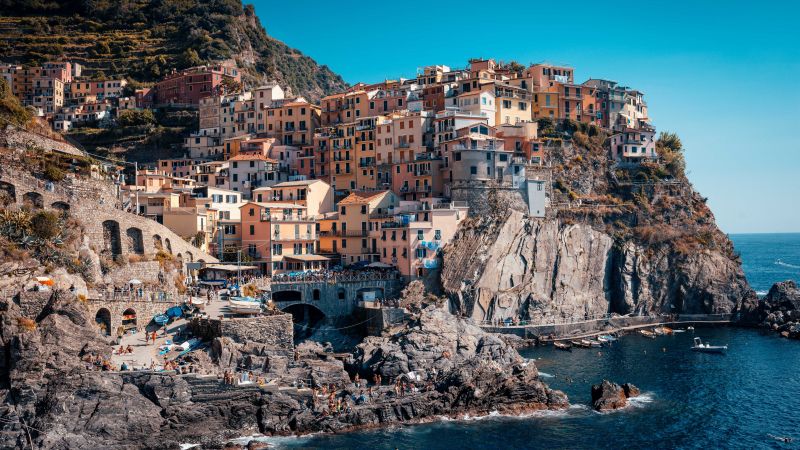 Cinque Terre, Coastline, Buildings, Town, Rocks, Harbor, Cliff, Italy, 5K, Wallpaper