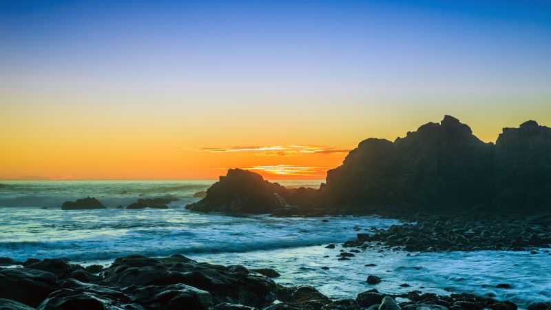 Cape Arago, Sunset, Rocky coast, Seascape, Waves, Horizon, Orange sky, Landscape, Wallpaper
