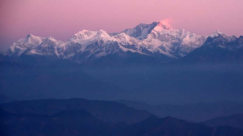 Kangchenjunga, Mountain range, Himalayas, Snow covered, Mountain range, Glacier mountains, Purple sky, Darjeeling, Landscape, Peaks, Sunrise, Alpenglow, Wallpaper