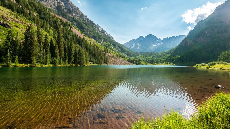 Marron Bells, Elk Mountains, Maroon Peak, Colorado, Lakes, Landscape, Clear water, Reflection, Scenery, 5K, Wallpaper