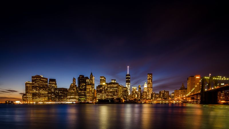 New York City, Long exposure, Skyline, Brooklyn Bridge Park, Waterfront, Night time, Cityscape, City lights, Reflection, Skyscrapers, Wallpaper
