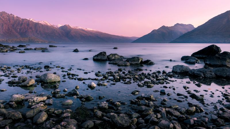 Mountain range, Dusk, Body of Water, Landscape, Long exposure, Rocks, Lake, Pink sky, 5K, Wallpaper