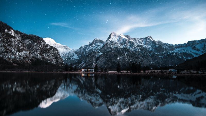 Almsee, Lake Alm, Austria, Landscape, Mountain range, Glacier mountains, Snow covered, Peaks, Reflection, Blue Sky, Stars, Scenery, 5K, Wallpaper