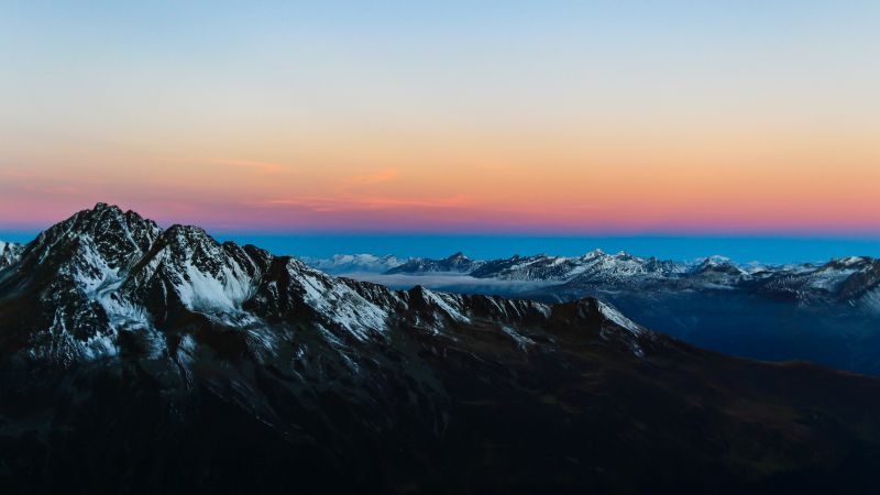 Mountain range, Glacier mountains, Snow covered, Peak, Aerial view, Sunrise, Landscape, Clear sky, Scenic, 5K, Wallpaper