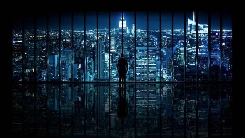 Gotham, Cityscape, City lights, Standing, Man, Reflection, Pattern, Skyscrapers, Night time, New York City, Wallpaper
