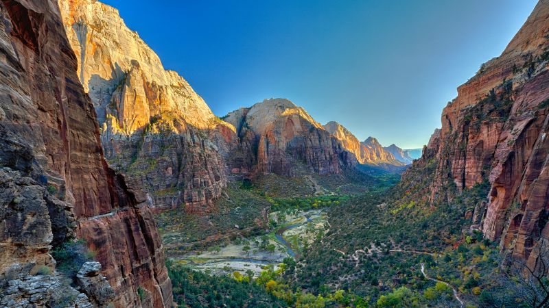 Angel's Landing, Utah, Zion National Park, Rock formations, Famous Place, Tourist attraction, Mountains, Valley, Landscape, Cliffs, Blue Sky, Wallpaper