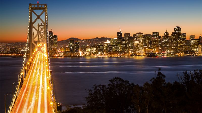 Oakland Bay Bridge, Illuminated, San Francisco, Cityscape, City lights, Landmark, California, Long exposure, Dusk, Body of Water, Clear sky, Skyscrapers, City Skyline, Wallpaper