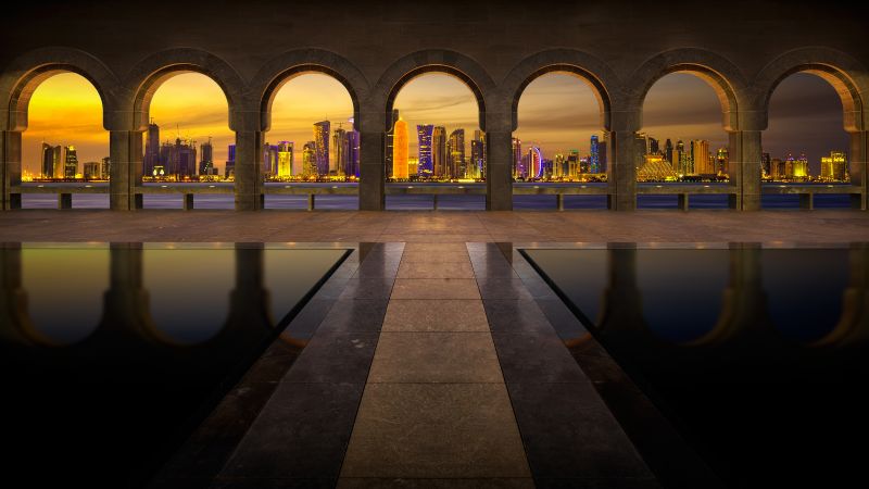 Museum of Islamic Art, Doha, Qatar, Arches, City lights, Long exposure, City Skyline, Skyscrapers, HDR, Pattern, Wallpaper