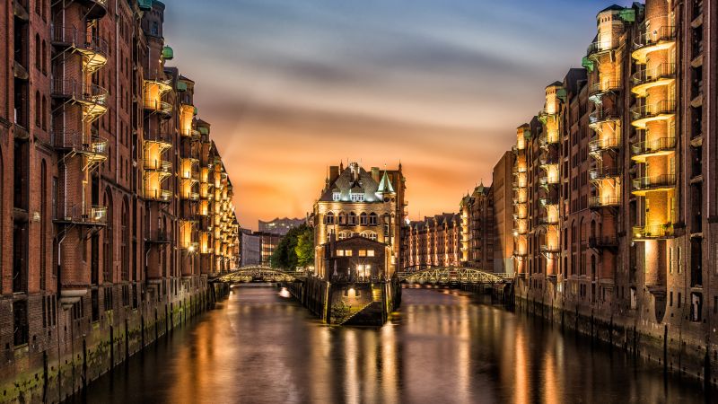 Hamburg architecture, Germany, City lights, Sunset, Long exposure, Body of Water, Reflection, Warehouse district, Castle, Wallpaper