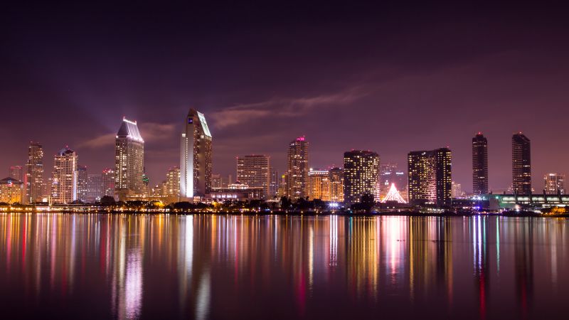 San Diego City, Skyline, Cityscape, City lights, Night time, Body of Water, Reflection, Long exposure, Skyscrapers, California, Purple sky, Wallpaper