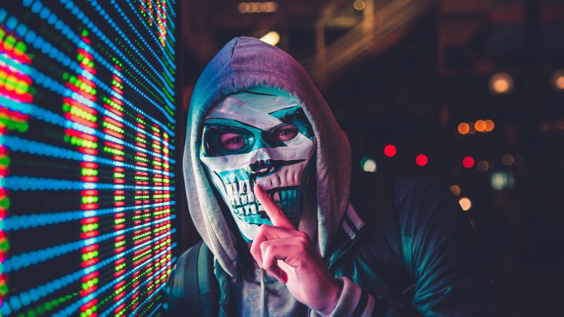 Mask, Hoodie, Person, Scary, LED lighting, 5K, Wallpaper