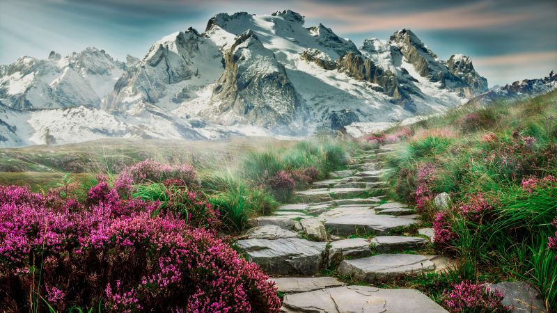 Mountains, Path, Hill, Spring, Aesthetic, Landscape, Scenery, Stone staircase, Girly, 5K, Wallpaper