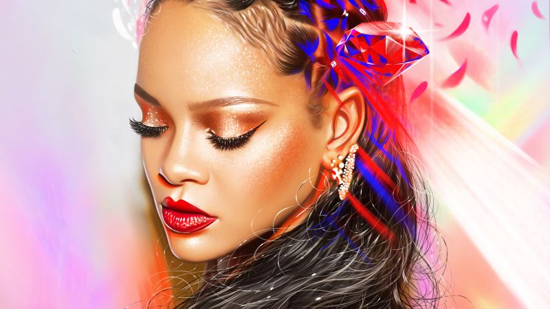 Rihanna, Barbadian singer, Portrait, Paint, Colorful, Vivid, Magical, Illustration, Wallpaper