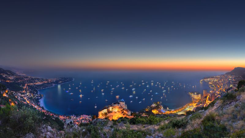 Monaco Yacht Show, City lights, Seascape, Skyline, Horizon, Long exposure, Sunset, Dusk, Aerial view, Wallpaper