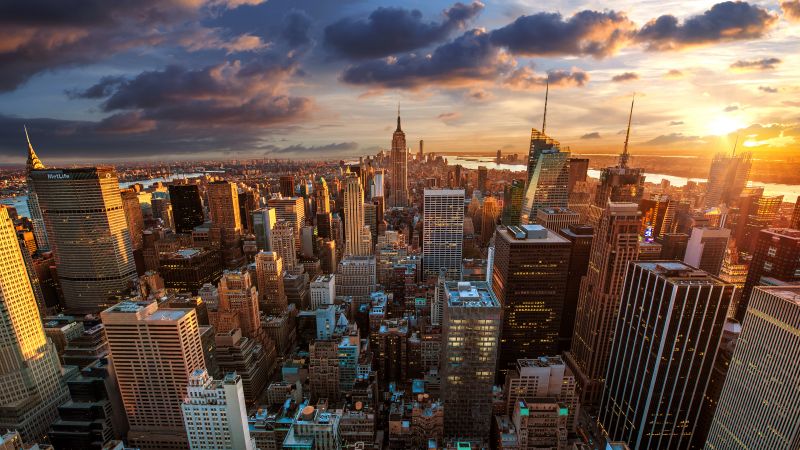 New York City, Aerial view, Cityscape, Skyline, Sunset, Landmark, Skyscrapers, Cloudy Sky, Sunlight, Evening sky, Wallpaper
