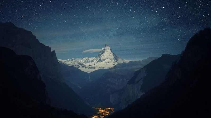 Matterhorn, Lauterbrunnen valley, Mountain Peak, Night time, Starry sky, Glacier mountains, Snow covered, Landscape, Landmark, Switzerland, Tourist attraction, Wallpaper