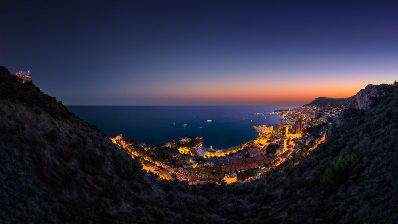 Monaco City, Panoramic, Aerial view, Night time, Seascape, Cityscape, City lights, Horizon, Clear sky, Wallpaper