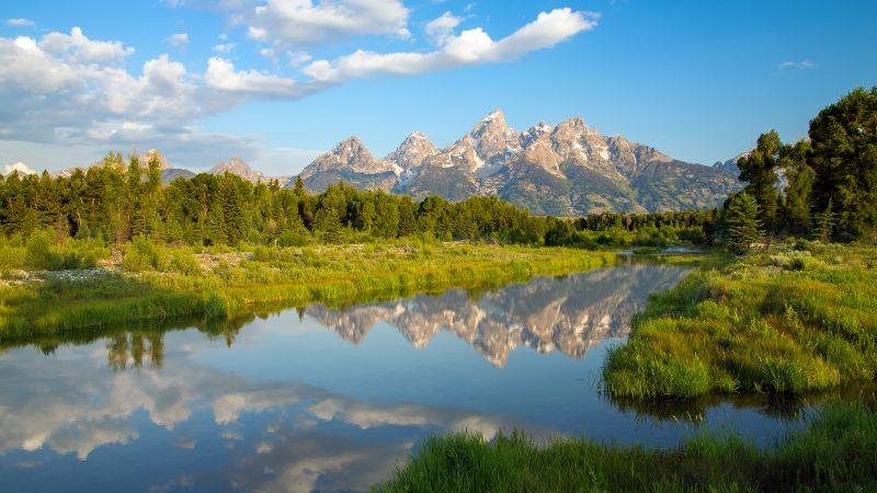 Teton Range, Rocky Mountains, Wyoming, USA, Mirror Lake, Reflection, Beaver ponds, Clouds, Blue Sky, Clear sky, Green Trees, Landscape, Scenery, Wallpaper