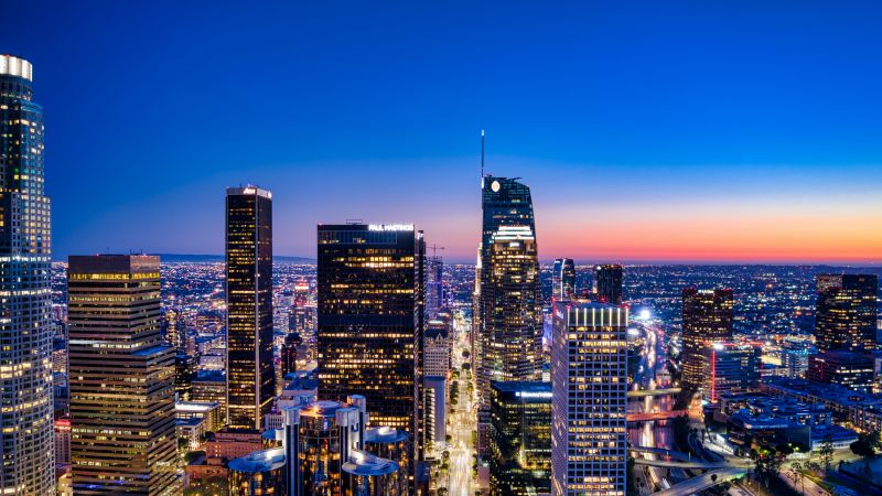 Los Angeles City, City Skyline, Cityscape, Aerial view, Blue hour, Horizon, Clear sky, City lights, Skyscrapers, California, 5K, Wallpaper