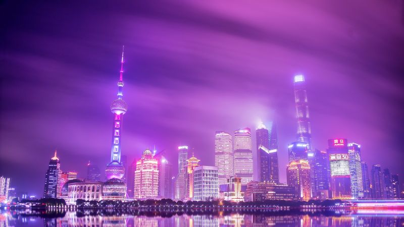 Oriental Pearl Tower, Shanghai Tower, China, Cityscape, City lights, Night time, Purple sky, Reflection, Skyscrapers, Landscape, Skyline, 5K, Wallpaper