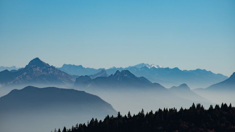 Mountains, Foggy, Morning, Serene, Clear sky, French Prealps, France, 5K, Wallpaper