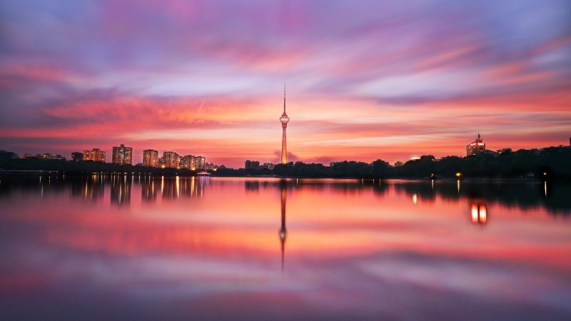China Central TV Tower, Beijing, China, Body of Water, Silhouette, Reflection, Purple sky, Sunset, 5K, 8K, Wallpaper