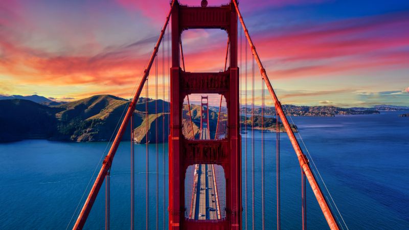 Golden Gate Bridge, California, USA, Sunset, Colorful Sky, Suspension bridge, Bay Area, Famous Place, Landmark, Aesthetic, 5K, Wallpaper