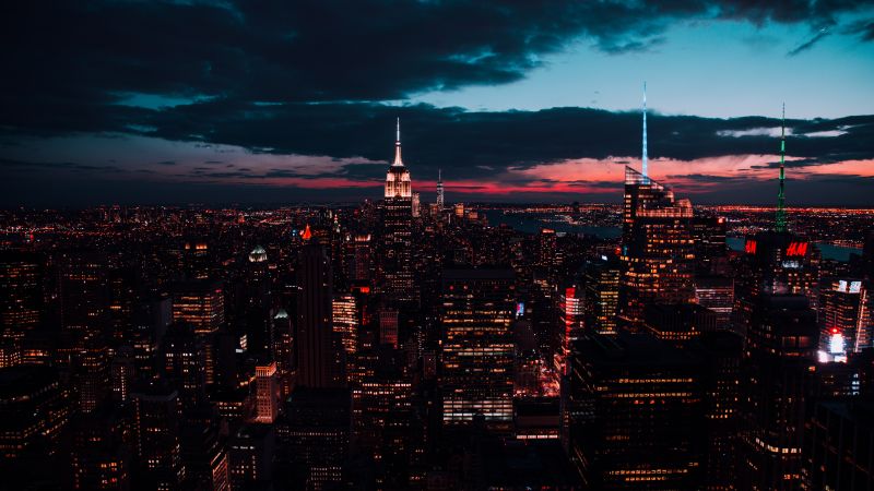 Rockefeller Center, New York, United States of America, Cityscape, Skyline, City lights, Night time, Cloudy Sky, Aerial view, Skyscrapers, 5K, 8K, Wallpaper
