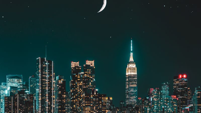 New York City, Skyscrapers, Night photography, Cityscape, Night, City lights, Wallpaper