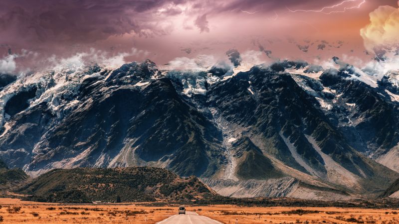 Endless Road, Thunderstorm, Mountain range, Cloudy Sky, Extreme Weather, Mystic, 5K, Wallpaper