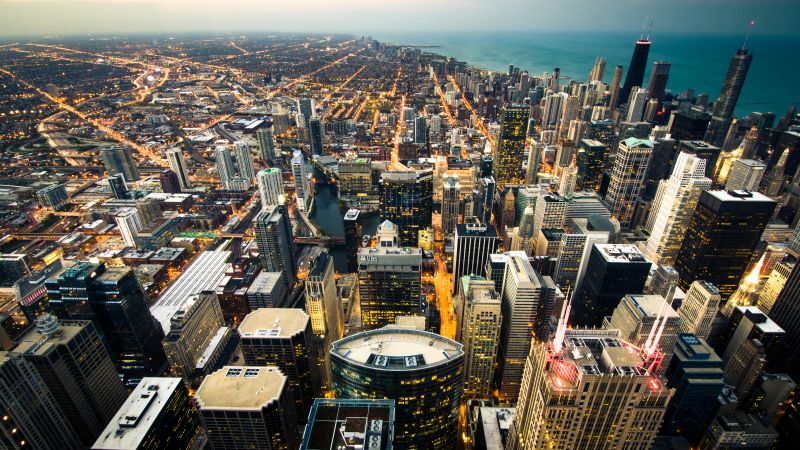 Chicago City, Cityscape, City lights, Dusk, Skyscrapers, Skyline, Horizon, Landscape, Aerial view, Wallpaper