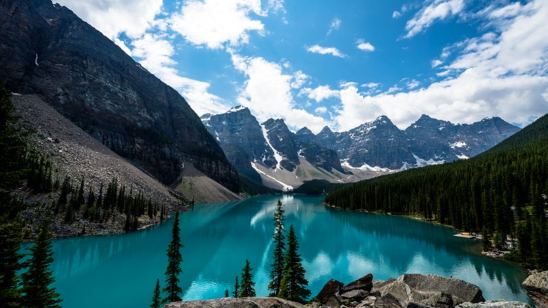 Moraine Lake, Canada, Alberta, Valley of the Ten Peaks, Banff National Park, Glacier mountains, Green Trees, Reflection, Blue Water, Blue Sky, Daytime, Landscape, Scenery, White Clouds, Wallpaper
