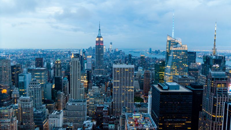 New York City, Cityscape, City lights, Sunset, Skyline, Cloudy Day, Landmarks, Skyscrapers, Aerial view, High rise building, Evening sky, Horizon, Wallpaper