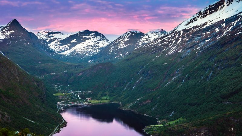 Geiranger Fjord, Norway, Valley, Village, Sunset, Glacier mountains, Snow covered, Mountain range, Landscape, Reflection, Purple sky, Wallpaper