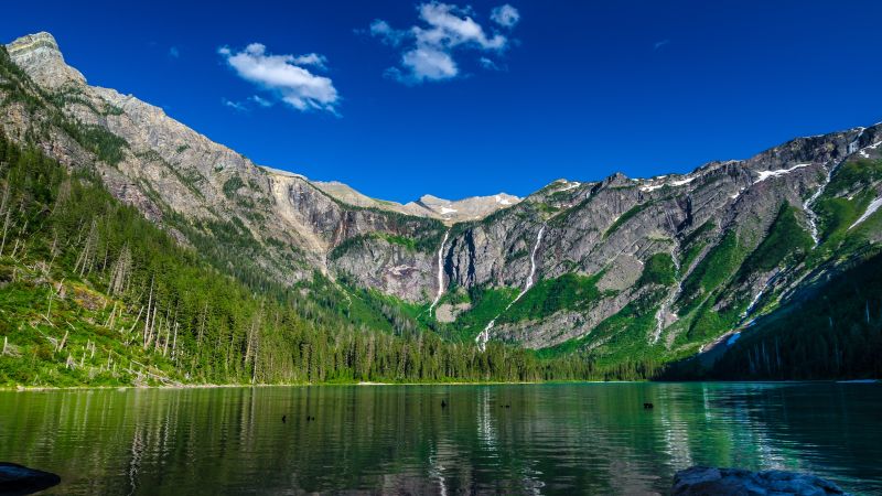 Avalanche Lake, Montana, USA, Glacier National Park, Landscape, Mountain range, Clear sky, Blue Sky, Scenery, Reflection, Green Trees, HDR, Wallpaper