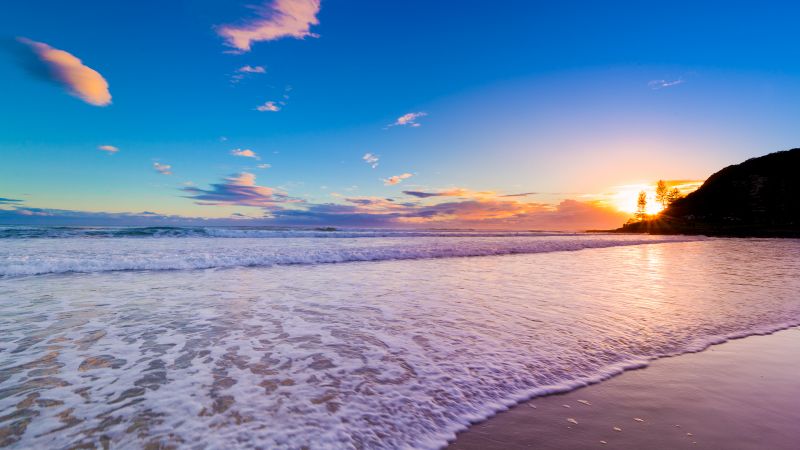 Burleigh Heads, Queensland, Australia, City of Gold Coast, Beach, Coastal, Ocean Waves, Seascape, Sunset, Clear sky, Blue Sky, Landscape, Horizon, Wallpaper