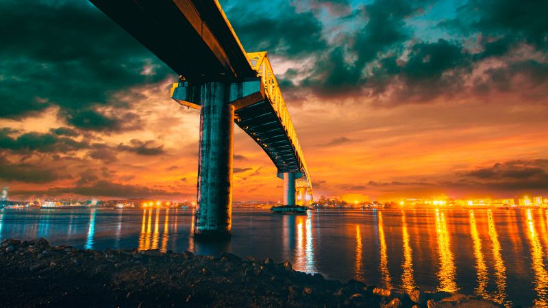 Sergio Osmeña Bridge, Philippines, Mactan-Mandaue Bridge, Sunset, City lights, Dusk, Body of Water, Reflection, Cloudy Sky, 5K, Wallpaper