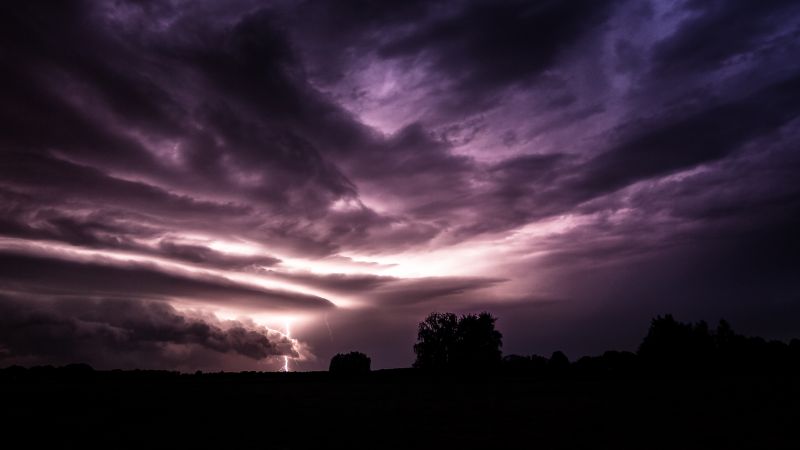 Lightning Strike, Thunderstorm, Stormy Clouds, Silhouette, Purple sky, Landscape, Long exposure, Sunset, Natural Phenomena, Wallpaper