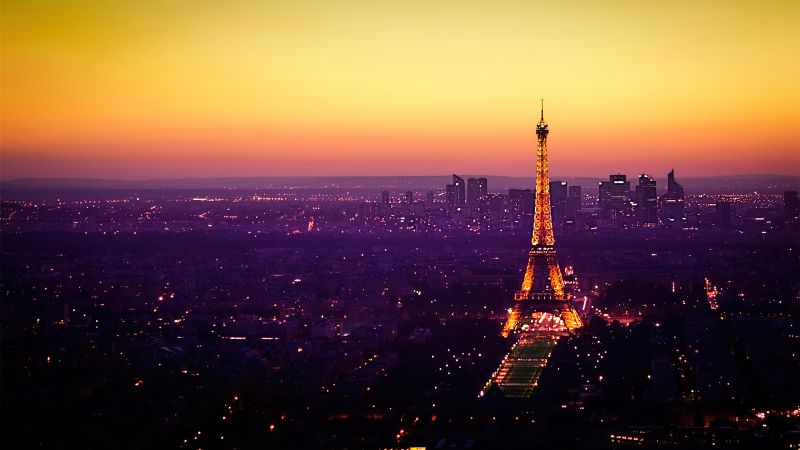 Eiffel Tower, Twilight, Sunset, Paris, France, Cityscape, City lights, Orange sky, Landmark, Tourist attraction, Famous Place, Horizon, Skyline, Wallpaper