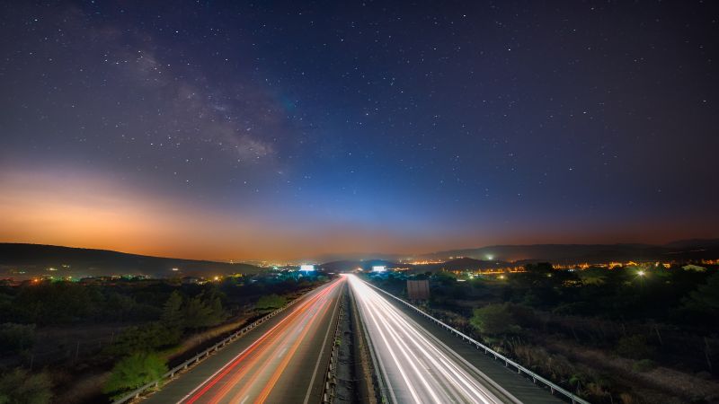 Highway, Limassol city, Light trails, Cyprus, Cityscape, City lights, Night time, Dusk, Milky Way, Astronomy, Outer space, Starry sky, Wallpaper