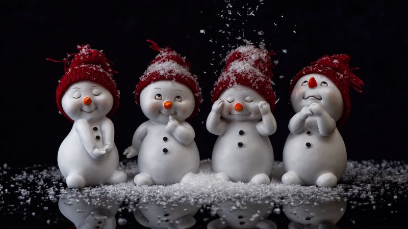 Snowman, Figures, Christmas decoration, Black background, Cute expressions, Cute Christmas, Navidad, Noel, Wallpaper