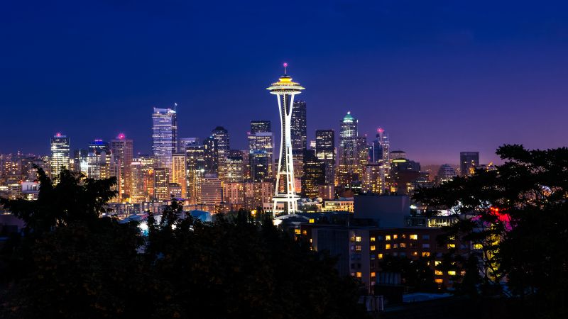 Space Needle, Seattle Skyline, Washington, Cityscape, City lights, Night time, Skyscrapers, Landmark, Wallpaper