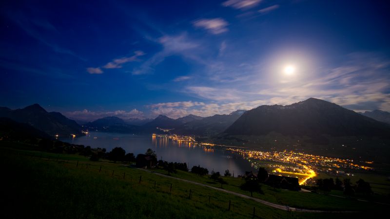 Lake Lucerne, Switzerland, Moon light, Landscape, Night time, Mountains, Blue Sky, Lakeside, Village, Dusk, Wallpaper