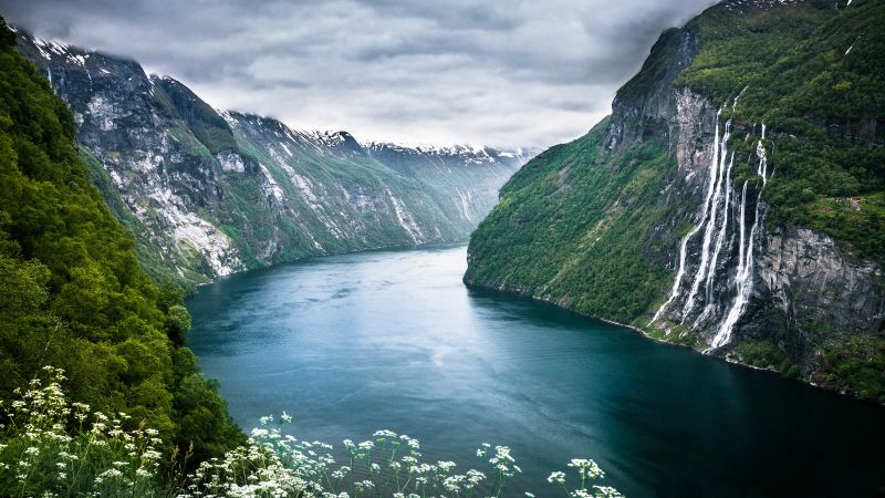 Seven Sisters waterfalls, Norway, Geirangerfjorden, Cliffs, Landscape, Mountains, Cloudy Sky, River, Evening, Flowing Water, Wallpaper