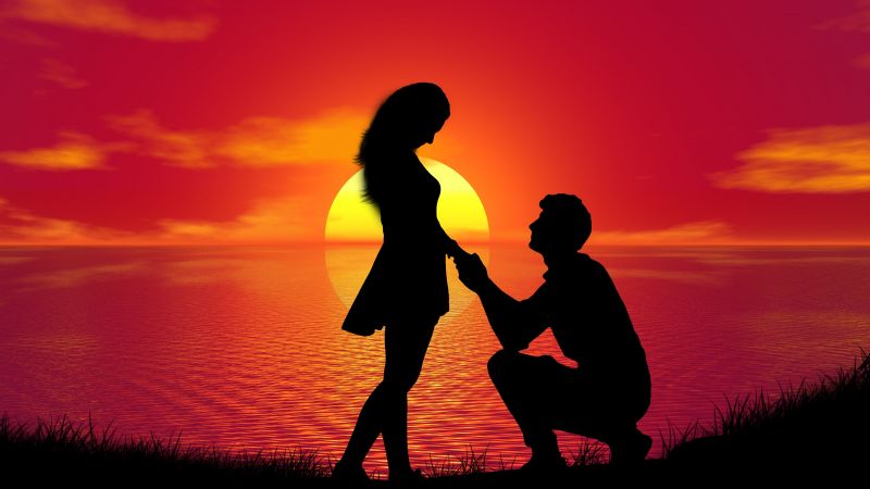 Couple, Proposal, Sunset, Silhouette, Romantic, Lovers, Together, Wallpaper