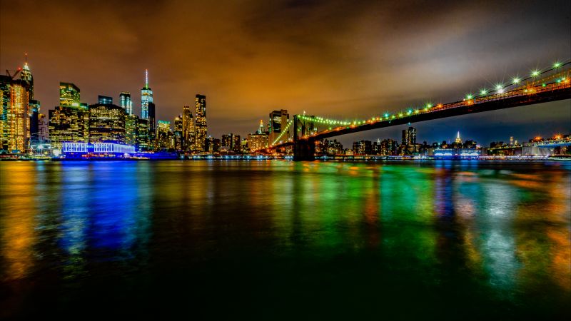 Brooklyn Bridge, New York, Cityscape, City lights, Night time, Skyline, Body of Water, Reflection, Long exposure, Skyscrapers, 5K, Wallpaper