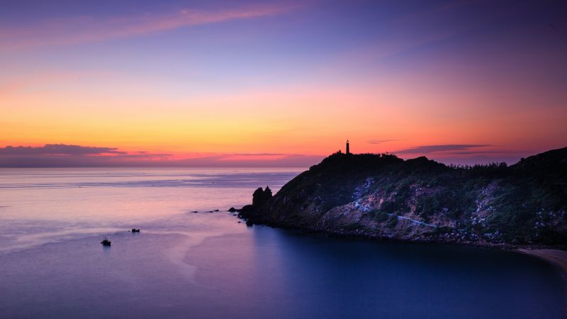 Lighthouse, Sunset, Dusk, Twilight, Seascape, Scenic, Ocean, 5K, Wallpaper