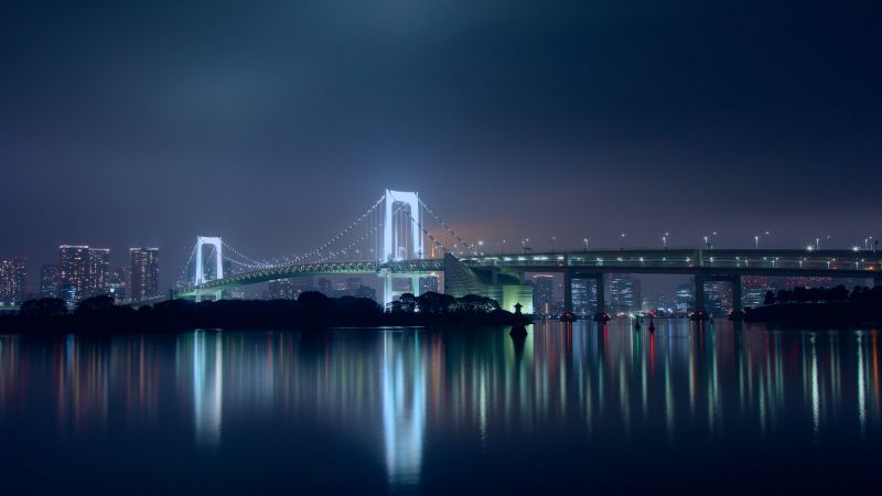 Rainbow Bridge, Night, Tokyo, Japan, Suspension bridge, Waterfront, Silhouette, Cityscape, City lights, Night time, Skyscrapers, Reflection, 5K