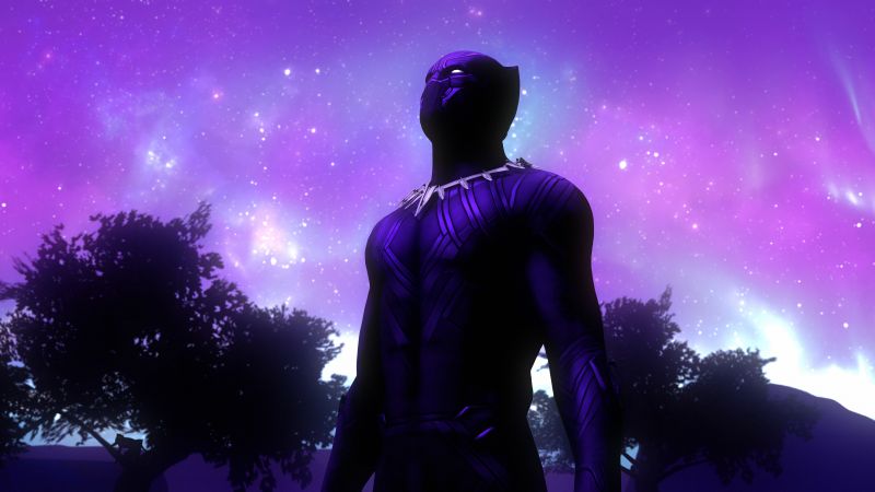 Black Panther, Marvel Comics, Purple sky, Outer space, Stars, Sci-Fi, Superheroes, Digital composition, Wallpaper