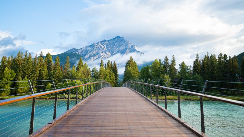 Wooden bridge, Banff National Park, Green Trees, Mountain Peak, Cloudy Sky, Landscape, Scenery, River, Rocky Mountains, 5K, 8K, Wallpaper
